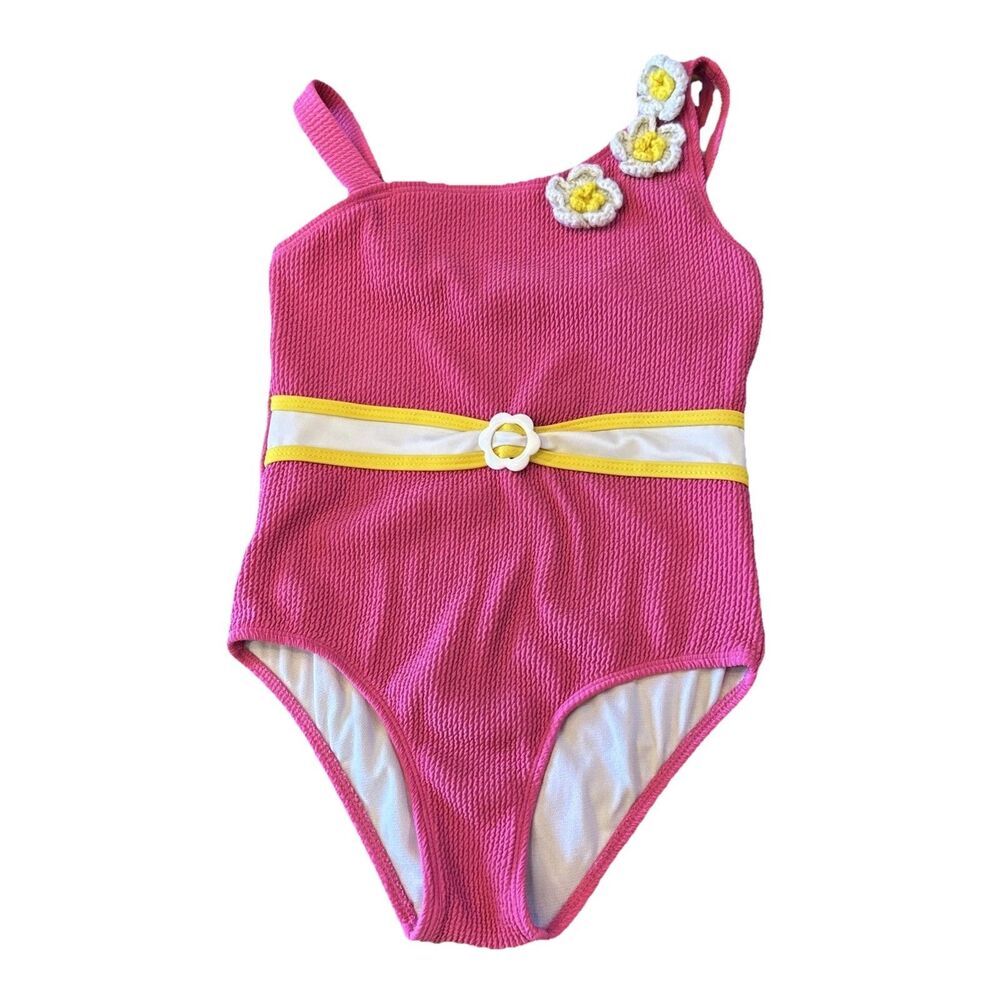 Betsey Johnson Pink Swimsuit Girls Size 10 Textured Crocheted Flowers UPF +50